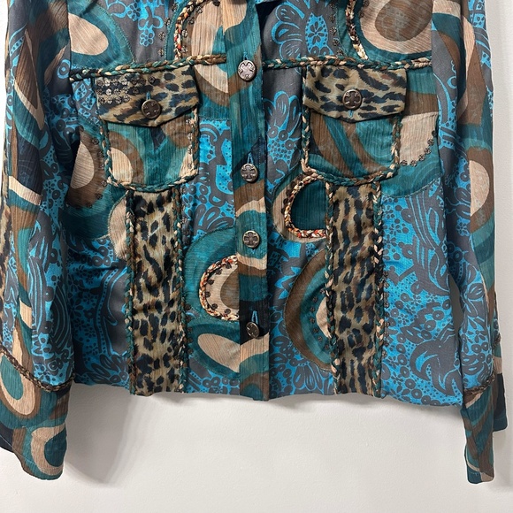 Vintage Sandy Starkman Turquoise & Brown Silk Jacket Size M Sequins Hippie Boho - Picture 5 of 10